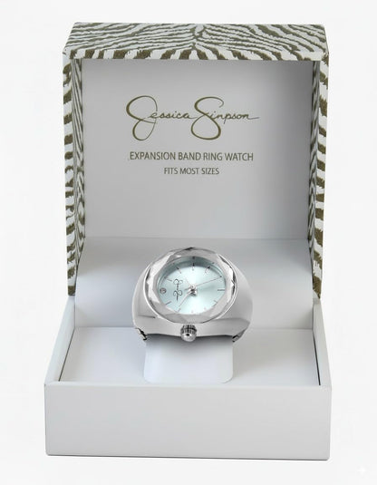 Jessica Simpson Women's Gold Adjustable Ring Watch –Faceted Bezel, Quartz Analog Mini Dial with Crystal, Stretch Band Fashion Jewelry Accessory