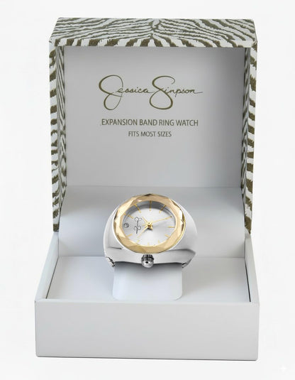 Jessica Simpson Women's Gold Adjustable Ring Watch –Faceted Bezel, Quartz Analog Mini Dial with Crystal, Stretch Band Fashion Jewelry Accessory