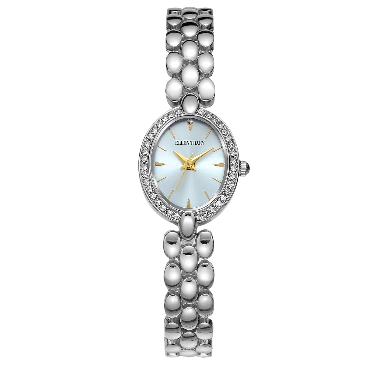 ELLEN TRACY Women's 20mm Oval Silvertone Watch, Blue Dial, Crystal Accents, Bracelet Band
