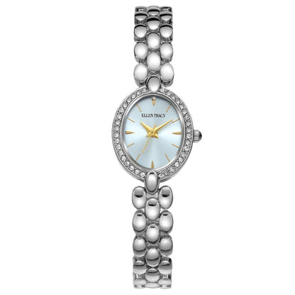 ELLEN TRACY Women's 20mm Oval Silvertone Watch, Blue Dial, Crystal Accents, Bracelet Band