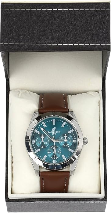 CARIBBEAN JOE Men’s Analog Watch with Teal Sunray Dial, Silver-Tone 43mm Round Case, Decorative Subdials, Brown Vegan Leather Strap, Quartz Movement, Casual Dress Wrist Watch for Men