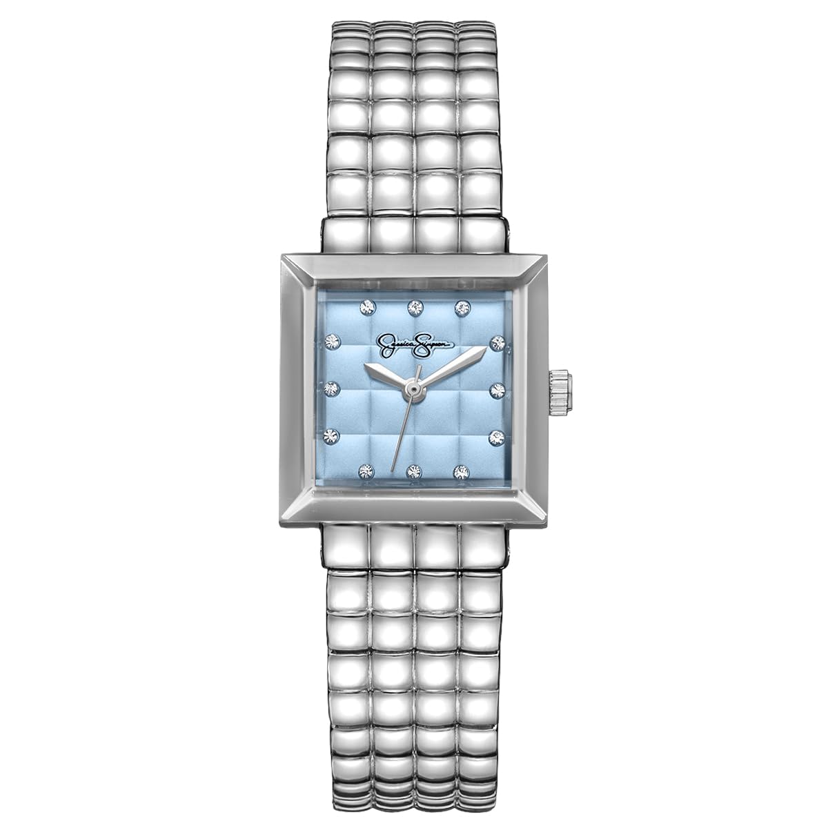 Jessica Simpson Women’s Square Silver Watch 24mm Light Blue Dial Crystal Accents