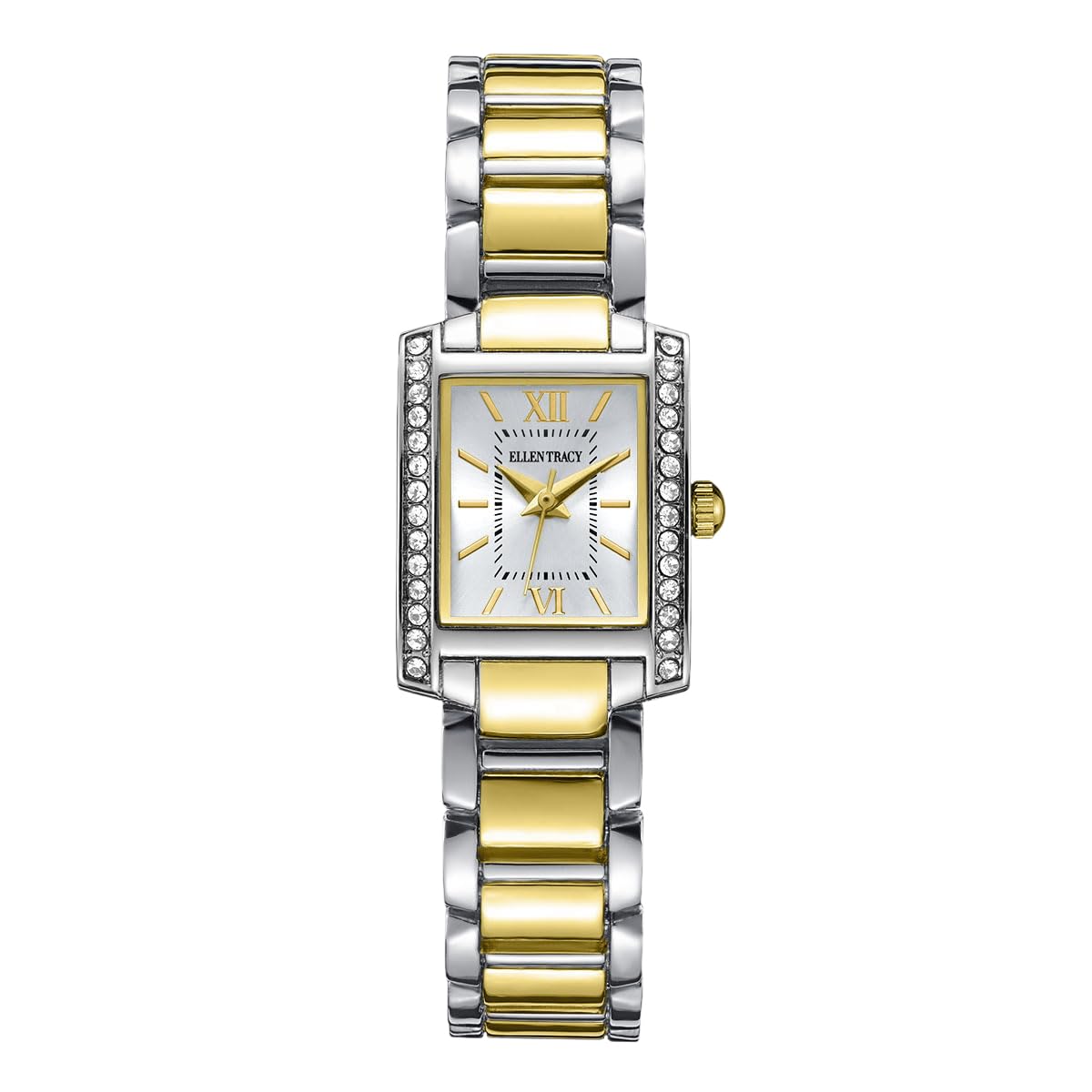 ELLEN TRACY Women's 20mm Rectangle Two Tone Silver/Gold Watch, Silver Dial, Crystal Accents, Bracelet Band