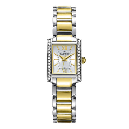 ELLEN TRACY Women's 20mm Rectangle Two Tone Silver/Gold Watch, Silver Dial, Crystal Accents, Bracelet Band