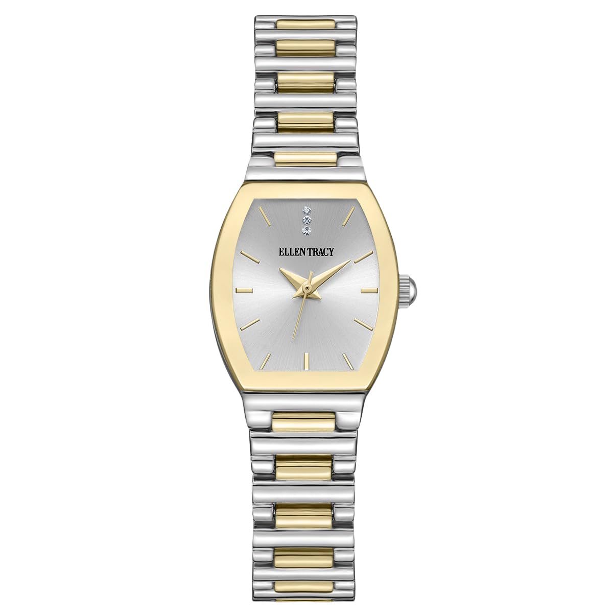 ELLEN TRACY Women's 22mm Barrel Two Tone Silver/Gold Watch, Silver Dial, Crystal Accents, Bracelet Band