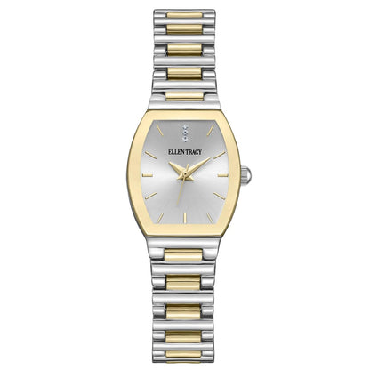 ELLEN TRACY Women's 22mm Barrel Two Tone Silver/Gold Watch, Silver Dial, Crystal Accents, Bracelet Band