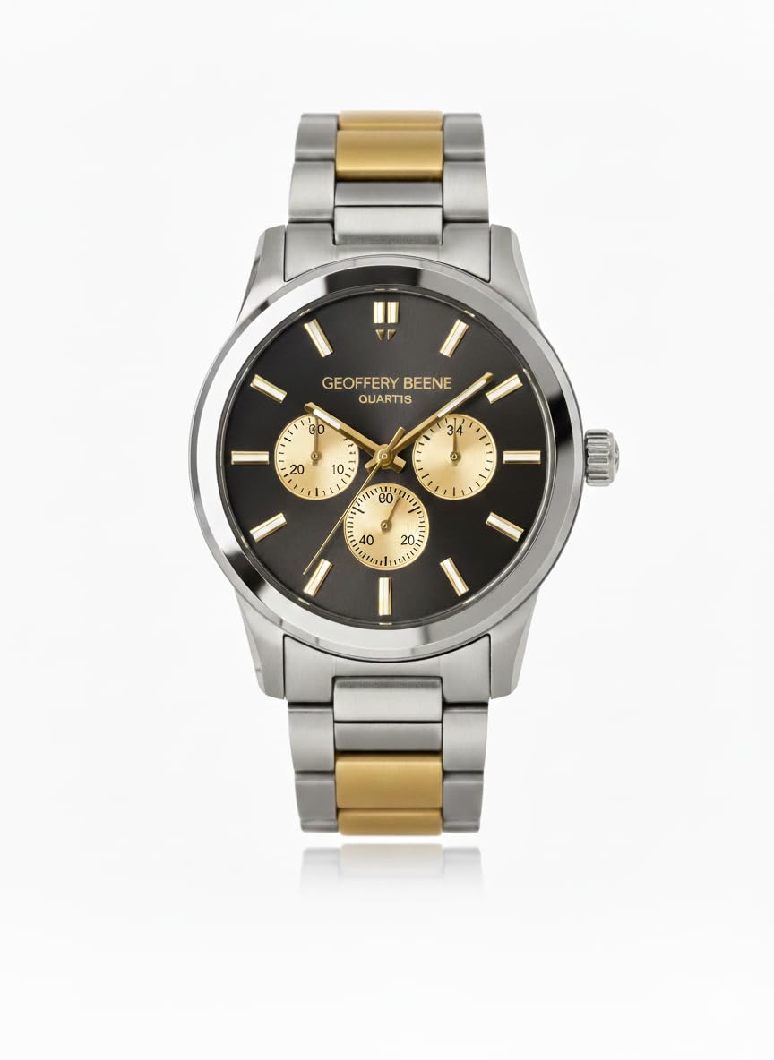 Geoffrey Beene Two Tone Gold Men's Chronograph Stainless Steel Dress Watch Classic Quartz, Elegant Design, Water-Resistant