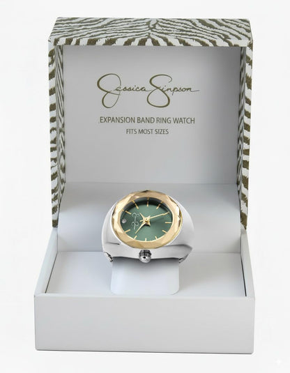 Jessica Simpson Women's Gold Adjustable Ring Watch –Faceted Bezel, Quartz Analog Mini Dial with Crystal, Stretch Band Fashion Jewelry Accessory