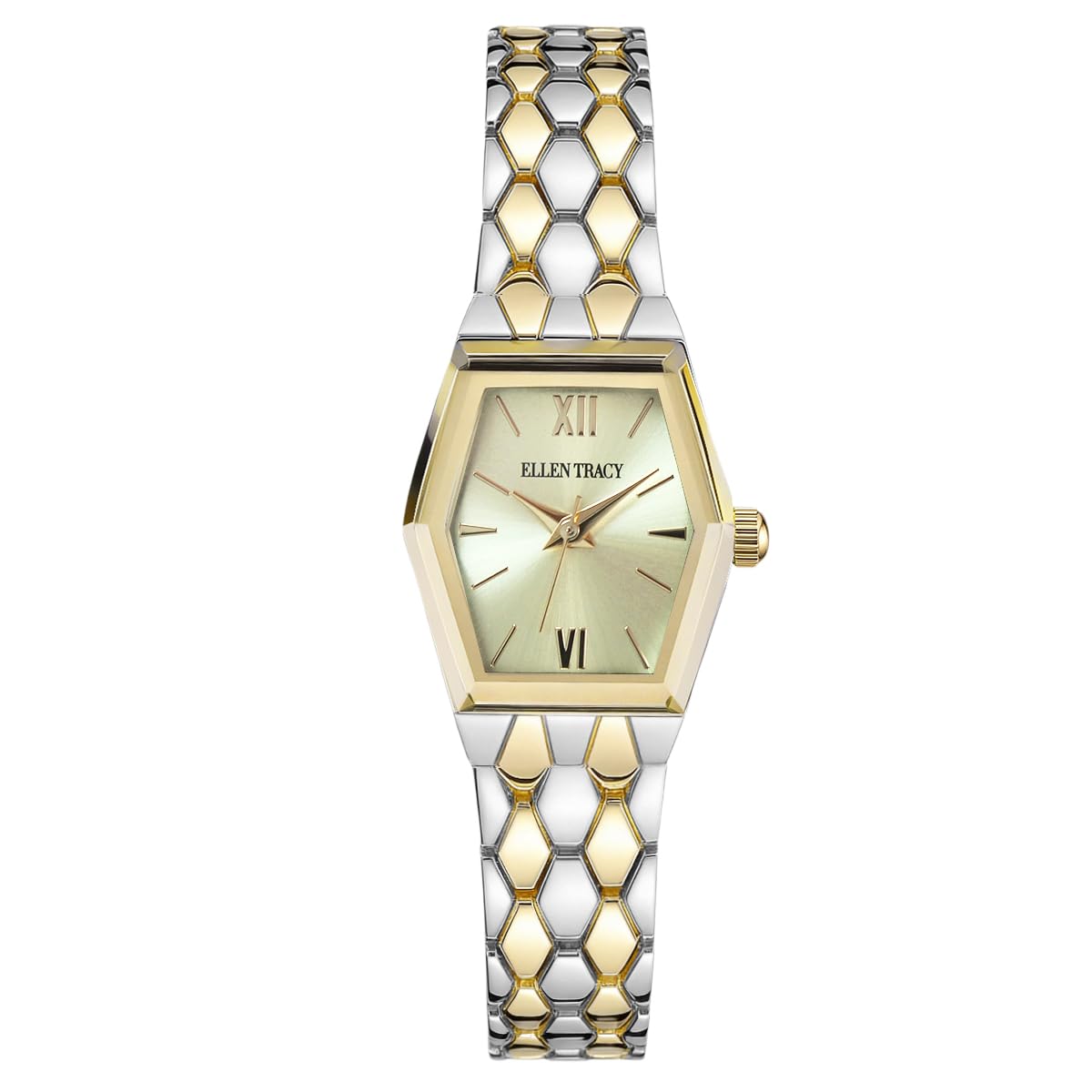 ELLEN TRACY Women's 21mm Hexagon Two Tone Silver/Gold Watch, Champagne Dial, Mesh Band