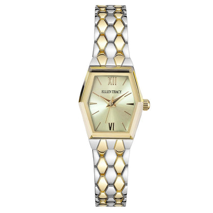 ELLEN TRACY Women's 21mm Hexagon Two Tone Silver/Gold Watch, Champagne Dial, Mesh Band