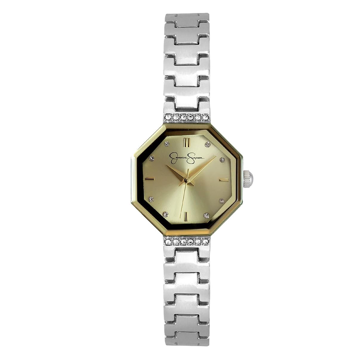 Jessica Simpson Women’s Octagon Silver Watch 24mm Champagne Sunray Dial Crystal Accents