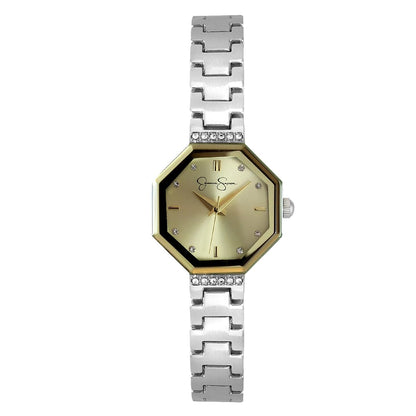 Jessica Simpson Women’s Octagon Silver Watch 24mm Champagne Sunray Dial Crystal Accents
