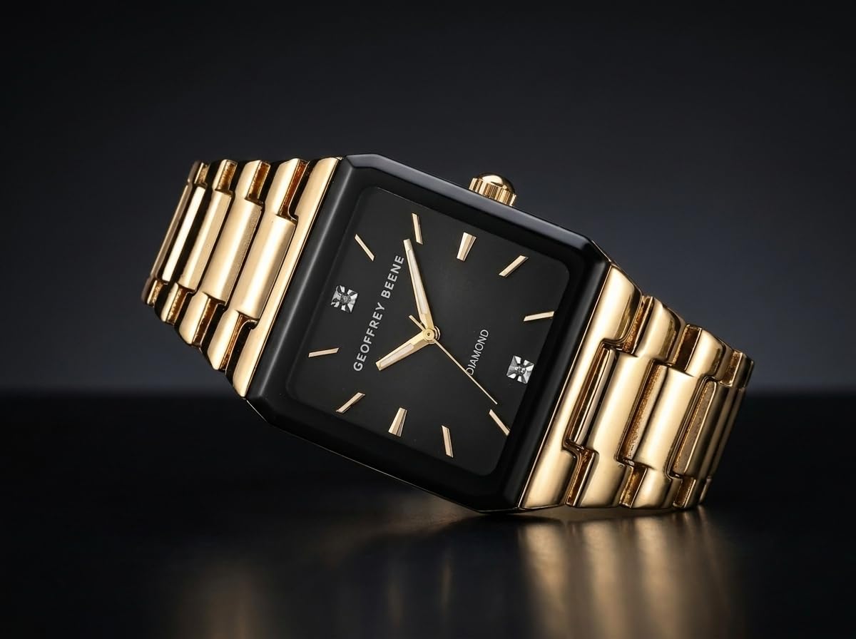 Geoffrey Beene Men’s Square Gold Watch 33mm Black Sunray Dial Bracelet Diamond Accent
