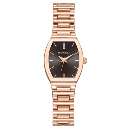 ELLEN TRACY Women's 22mm Barrel Rose Goldtone Watch, Brown Dial, Crystal Accents, Bracelet Band