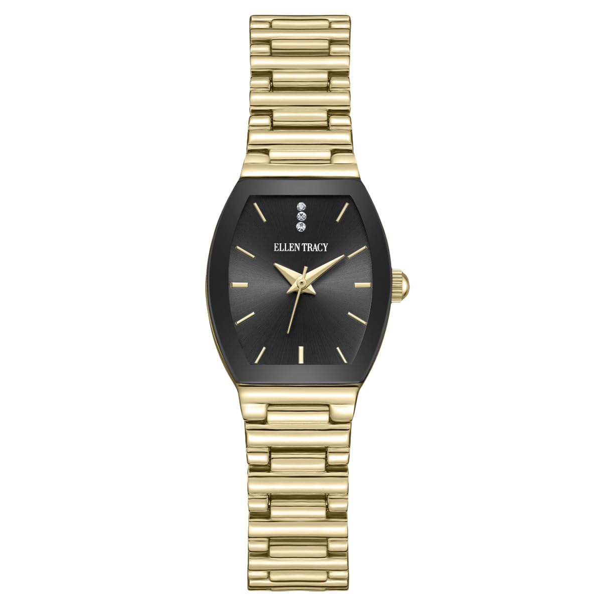 ELLEN TRACY Women's 22mm Barrel Goldtone Watch, Black Dial, Crystal Accents, Bracelet Band