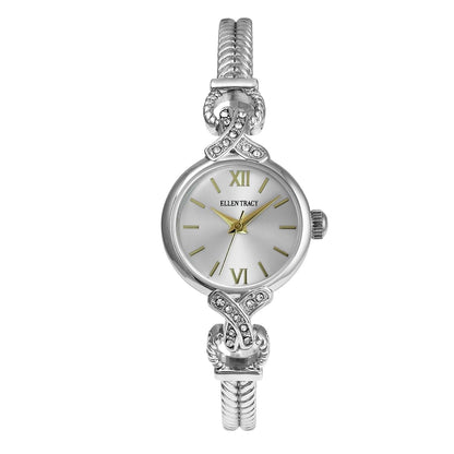 ELLEN TRACY Women's 24mm Round Silvertone Watch, Silver Dial, Half Bangle Band