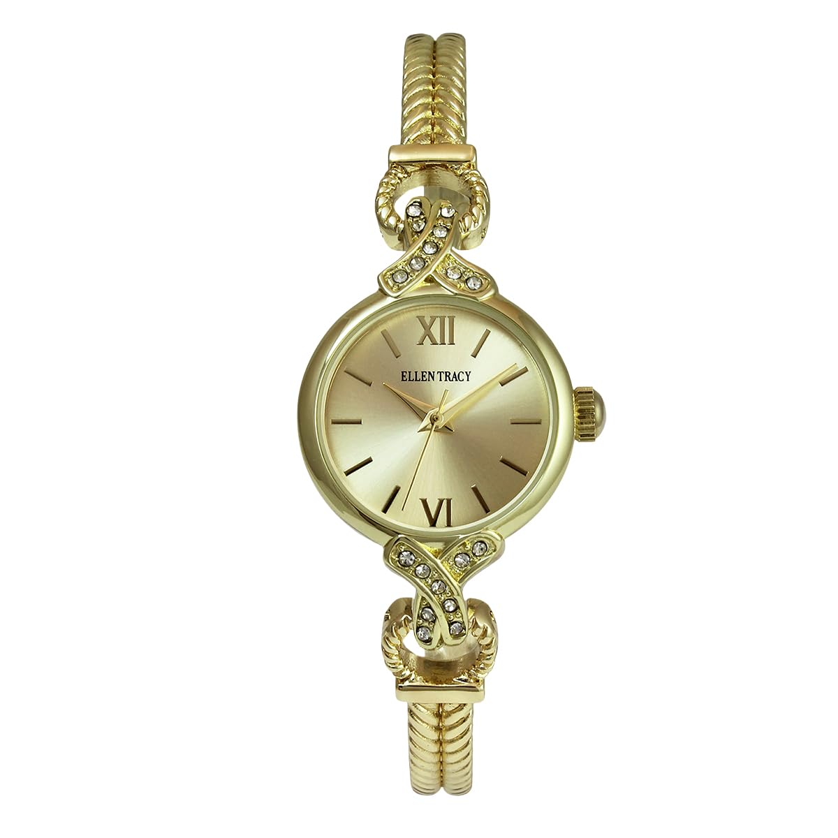 ELLEN TRACY Women's 24mm Round Goldtone Watch, Gold Dial, Half Bangle Band