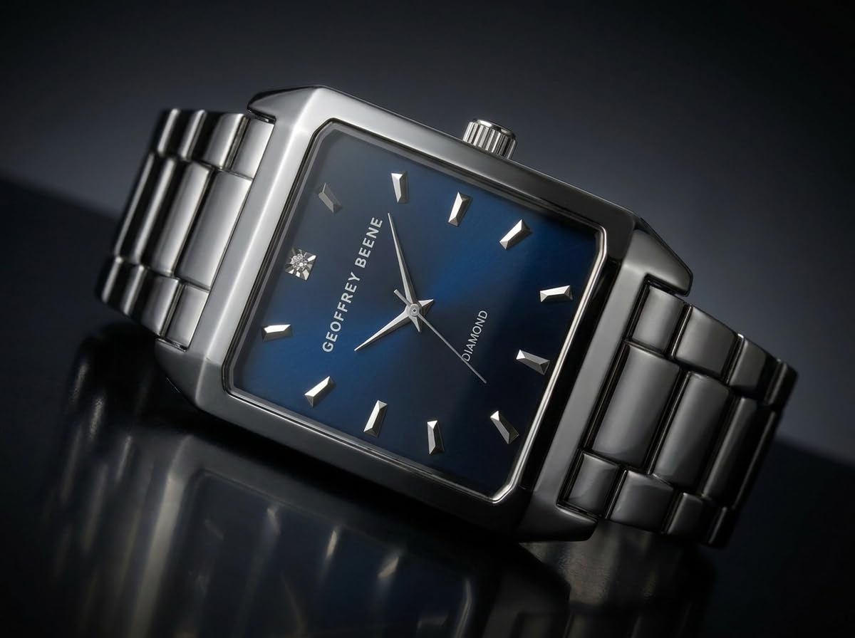 Geoffrey Beene Men’s Rectangular Gunmetal Watch 34mm Blue Sunray Dial Bracelet Diamond Accent