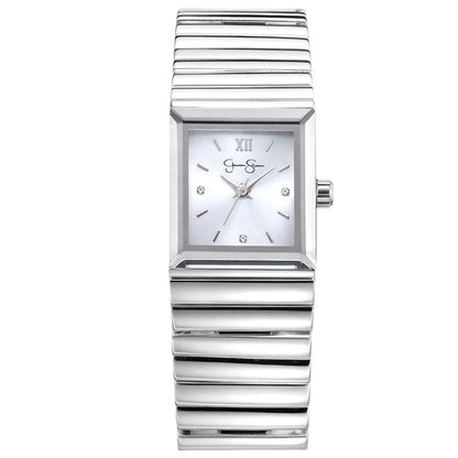 Jessica Simpson Women’s Rectangular Silver Watch 20mm Silver Sunray Dial Crystal Dial