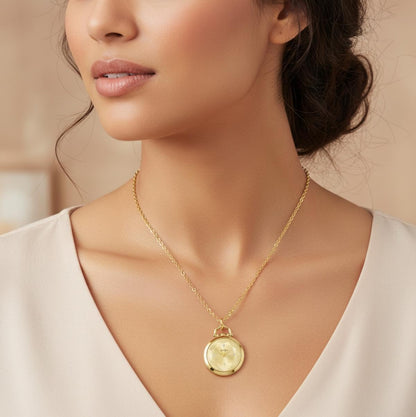 Jessica Simpson Pendant Necklace Watch for Women - Gold 27mm Round Case, Chain Necklace, Crystal Accents, Analog Quartz Fashion Jewelry Accessory (Gold)