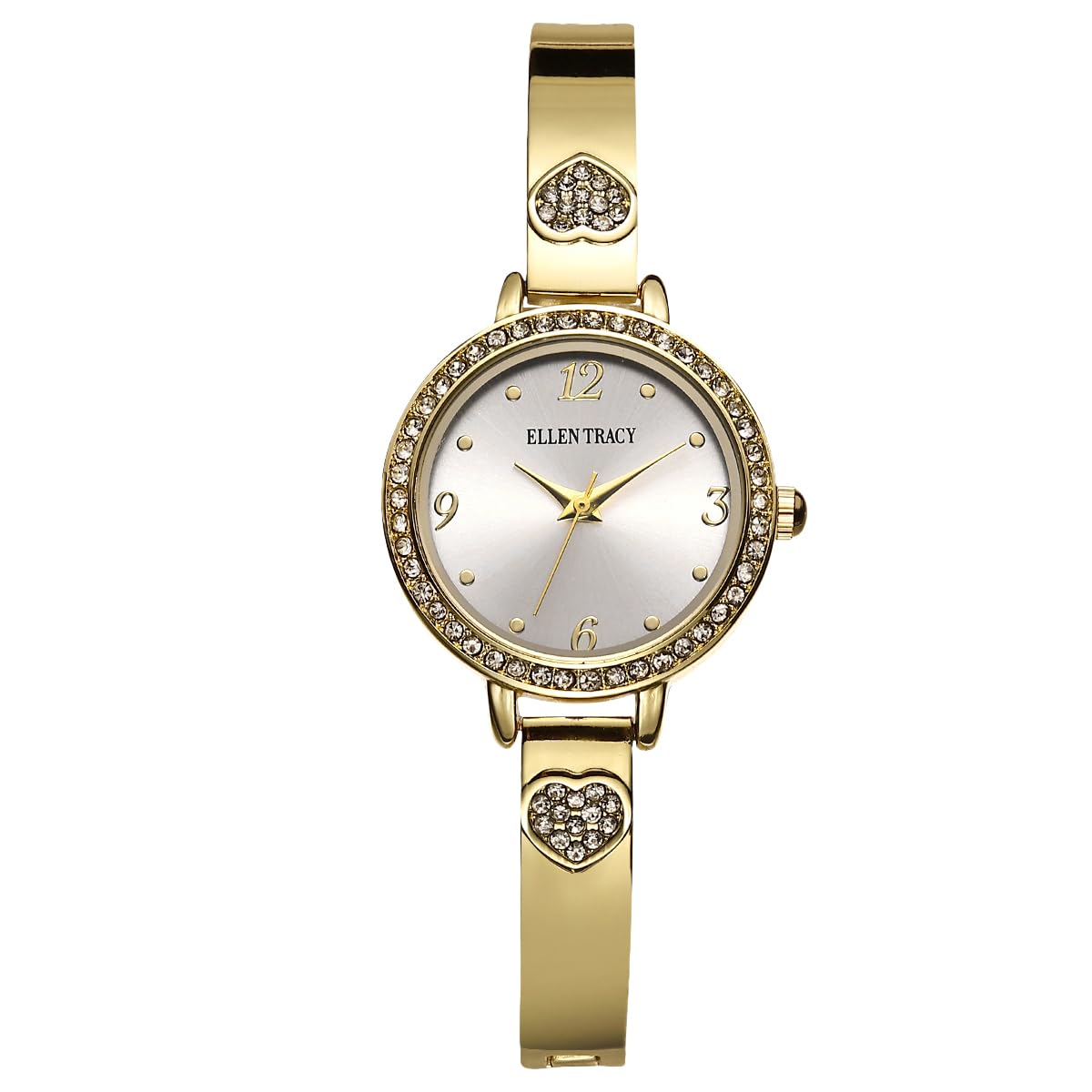 ELLEN TRACY Women's 28mm Round Goldtone Watch, Silver Dial, Crystal Accents, Bangle Band