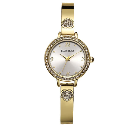 ELLEN TRACY Women's 28mm Round Goldtone Watch, Silver Dial, Crystal Accents, Bangle Band