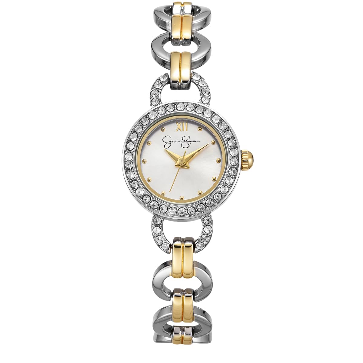 Jessica Simpson Women’s Round Two Tone Watch 22mm Silver Dial Crystal Bezel