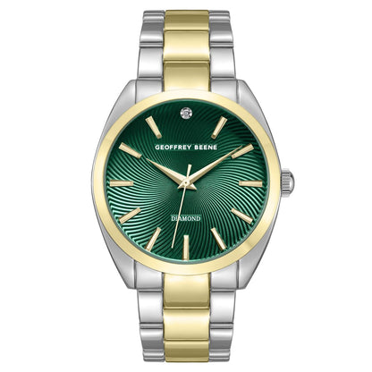 Geoffrey Beene Men’s Round Two Tone Watch 41mm Green Textured Dial Bracelet Diamond Accent