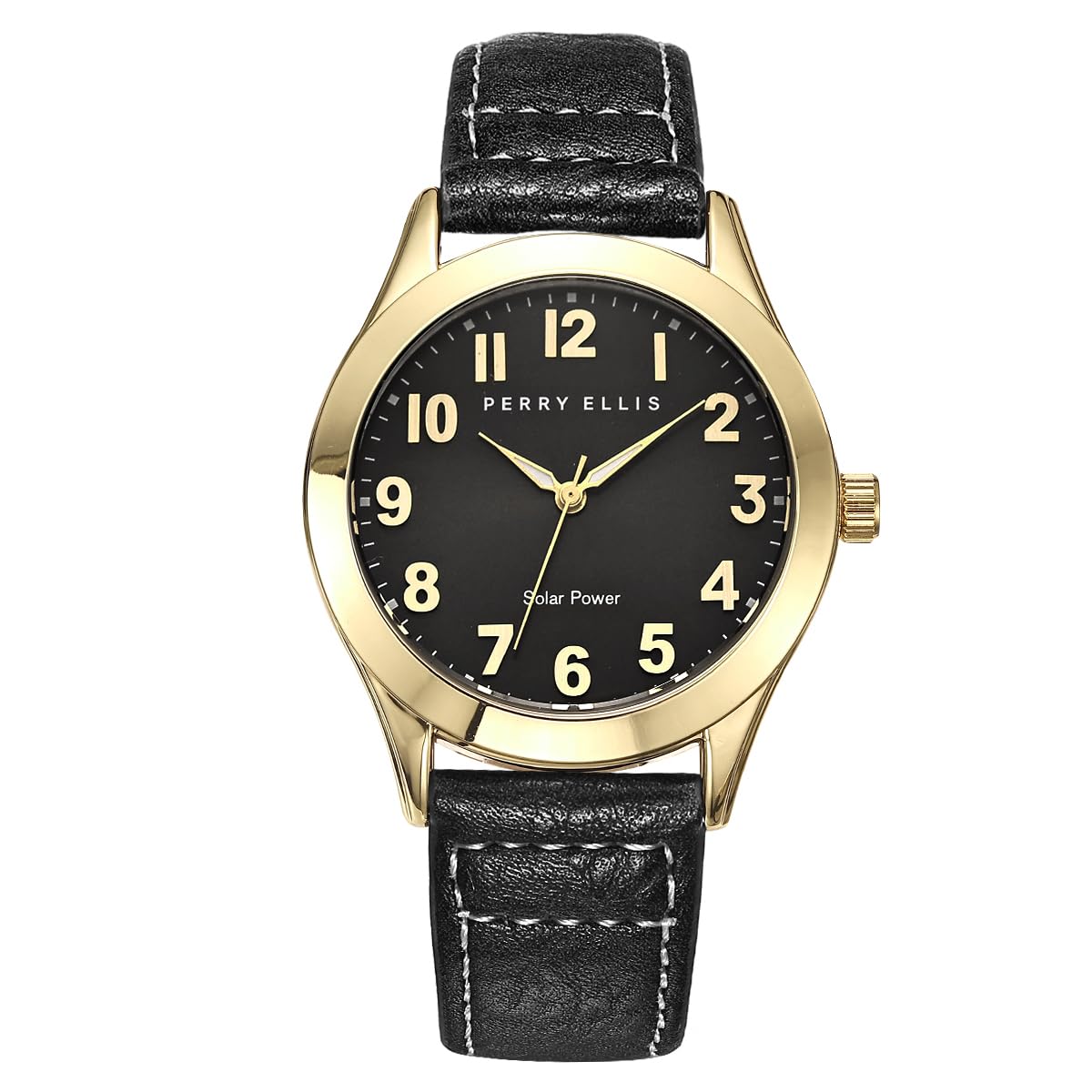 Perry Ellis Solar Men’s Watch –Black Round Sunray Dial, Black Leather Strap, Water-Resistant Analog
