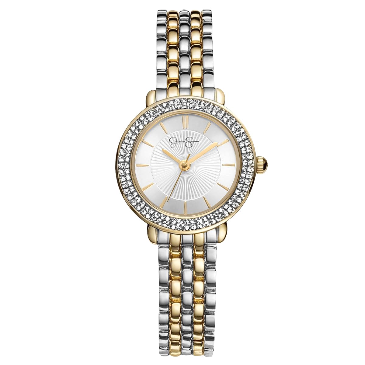 Jessica Simpson Women’s Round Gold Two Tone Watch 28.5mm Silver Dial Crystal Bezel Bracelet