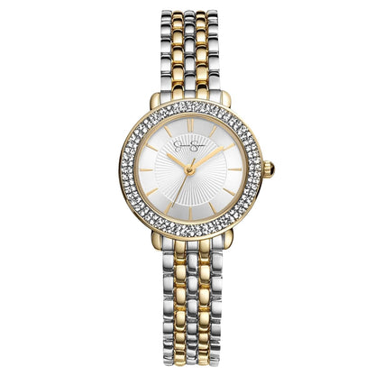 Jessica Simpson Women’s Round Gold Two Tone Watch 28.5mm Silver Dial Crystal Bezel Bracelet
