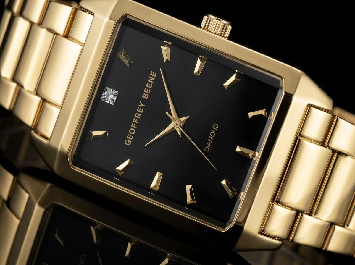 Geoffrey Beene Men’s Rectangular Gold Watch 34mm Black Sunray Dial Bracelet Diamond Accent