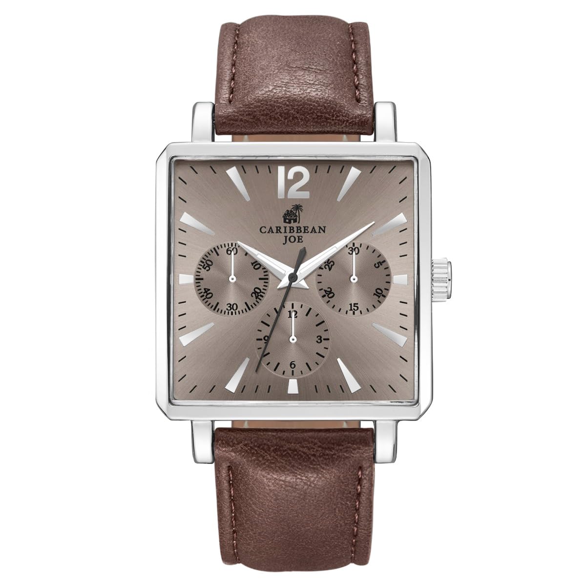 CARIBBEAN JOE Men’s Watch, 38mm Cushion Case, Silvertone, Taupe Sunray Dial, Decorative Dial Markers, Brown Gray PU Strap