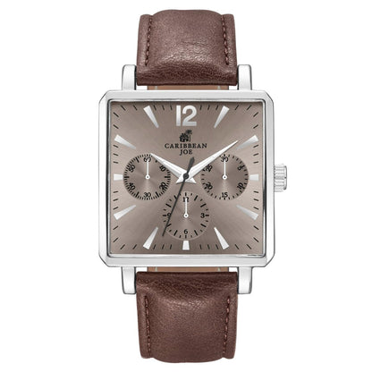 CARIBBEAN JOE Men’s Watch, 38mm Cushion Case, Silvertone, Taupe Sunray Dial, Decorative Dial Markers, Brown Gray PU Strap