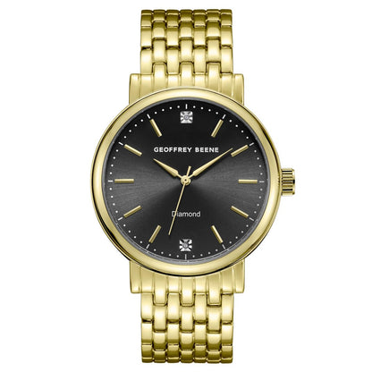 Geoffrey Beene Men’s Round Gold Watch 41mm Black Sunray Dial Bracelet Diamond Accent