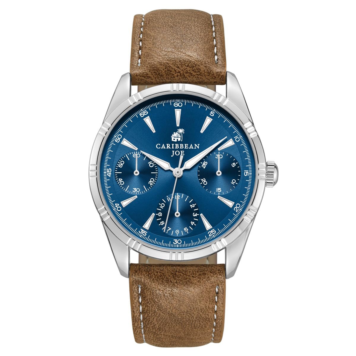 CARIBBEAN JOE Men’s Watch, 41mm Round Case, Silvertone, Blue Sunray Dial, Triangle Luminous Markers, Decorative Dial Markers, Brown PU Strap
