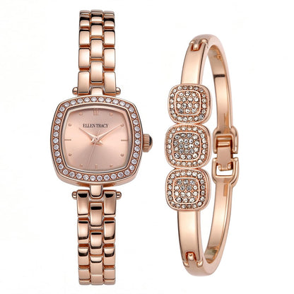 ELLEN TRACY Women's 22mm Cushion Rose Goldtone Watch and Bangle Gift Set, Rose Gold Dial, Crystal Accents