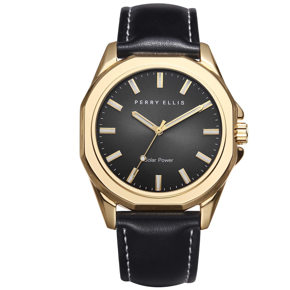 Perry Ellis Solar Powered Mens Watch | Vegan Leather Water-Resistant Analog Wrist Watches for Men | 42mm Case | Relojes para Hombres | Elegant Gift for Man (Gold)