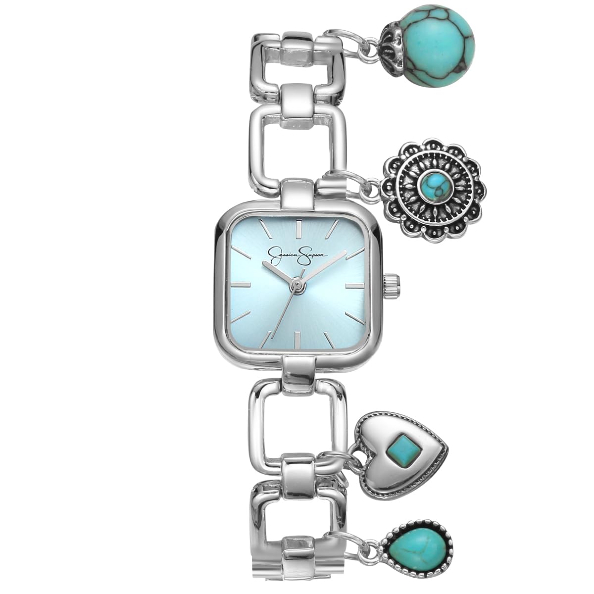Jessica Simpson Charm Watch for Women - Gold Square 22mm Case, 4 Hanging Charms, Bracelet Style, Analog Quartz, Fashion Jewelry Accessory Gift (Gold)