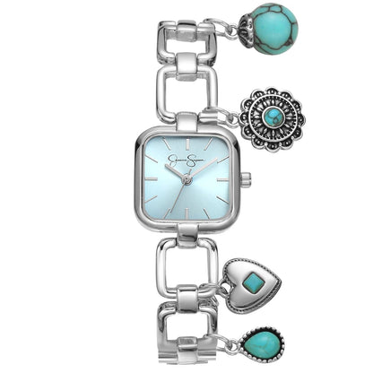Jessica Simpson Charm Watch for Women - Gold Square 22mm Case, 4 Hanging Charms, Bracelet Style, Analog Quartz, Fashion Jewelry Accessory Gift (Gold)