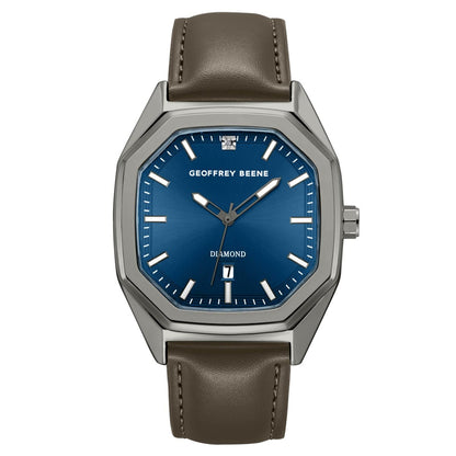 Geoffrey Beene Men’s Octagon Gunmetal Watch 41mm Blue Sunray Dial PU Strap Diamond Accent
