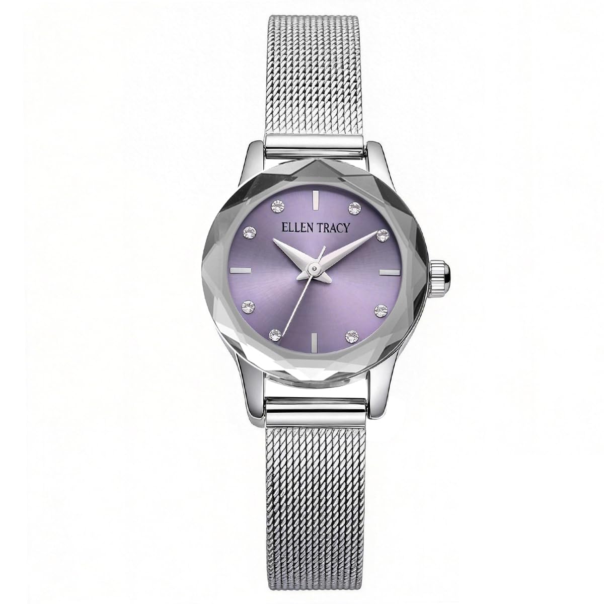 ELLEN TRACY Women's 22mm Round Silvertone Watch, Purple Dial, Crystal Accents, Mesh Band