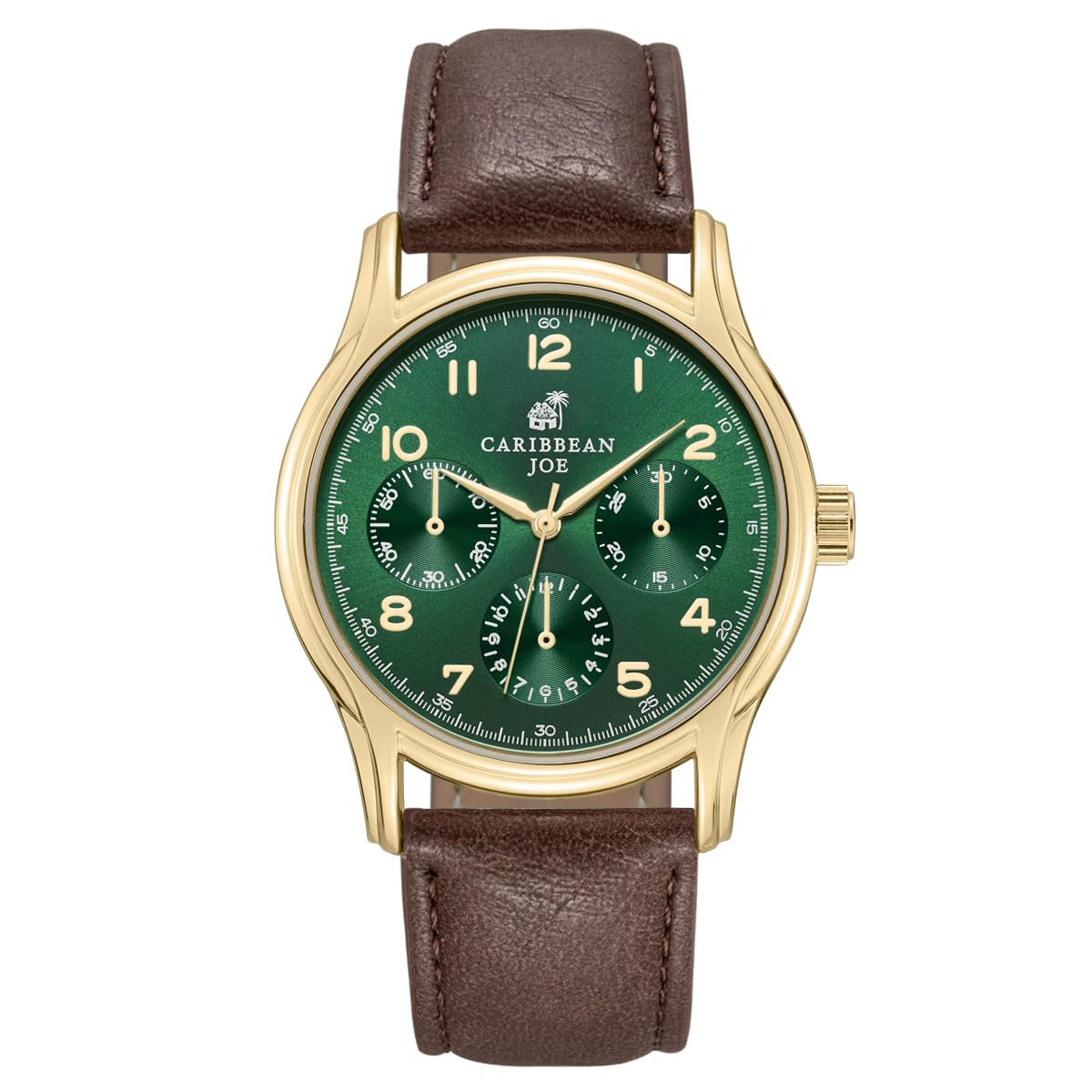 CARIBBEAN JOE Men’s Watch, 41mm Round Case, Goldtone, Green Sunray Dial, Arabic Markers, Decorative Dial Markers, Brown PU Strap