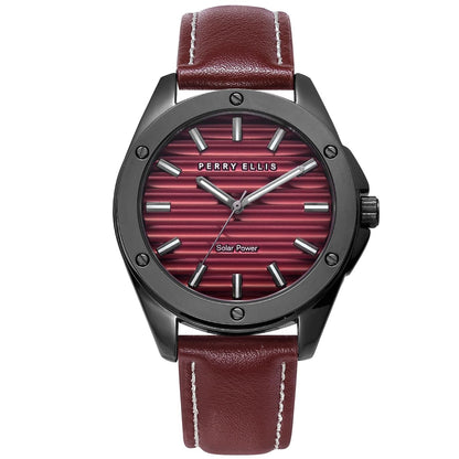 Perry Ellis Solar Powered Mens Watch | Vegan Leather Water-Resistant Analog Wrist Watches for Men | 42mm Case | Relojes para Hombres | Elegant Gift for Man (Silver)