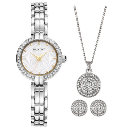 ELLEN TRACY Women's 24mm Round Silvertone Watch and Jewelry Gift Set, White Dial, Crystal Accents
