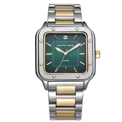 Geoffrey Beene Men’s Cushion Two Tone Watch 41mm Green Gradient Sunray Dial Bracelet Diamond Accent