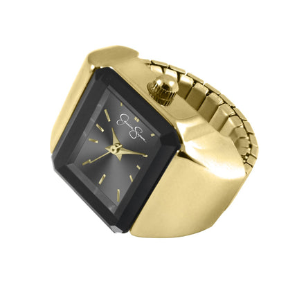 Jessica Simpson Women's Gold Ring Watch – Rectangular Black Sunray Dial, Crystal Accents, Stretch Expansion Band, Quartz Analog Fashion Accessory
