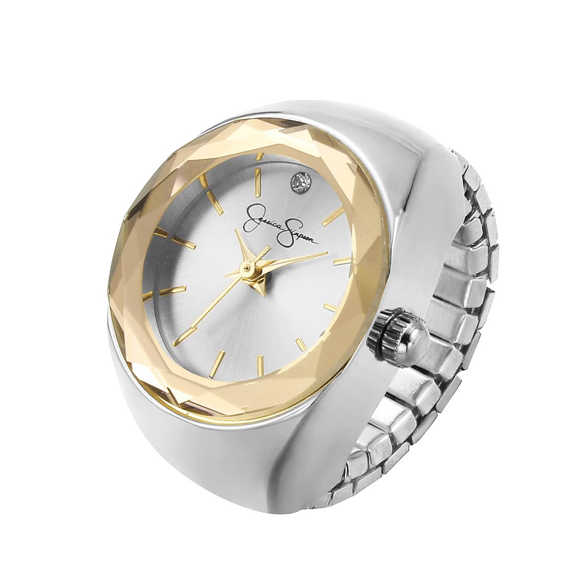 Jessica Simpson Women's Gold Adjustable Ring Watch –Faceted Bezel, Quartz Analog Mini Dial with Crystal, Stretch Band Fashion Jewelry Accessory