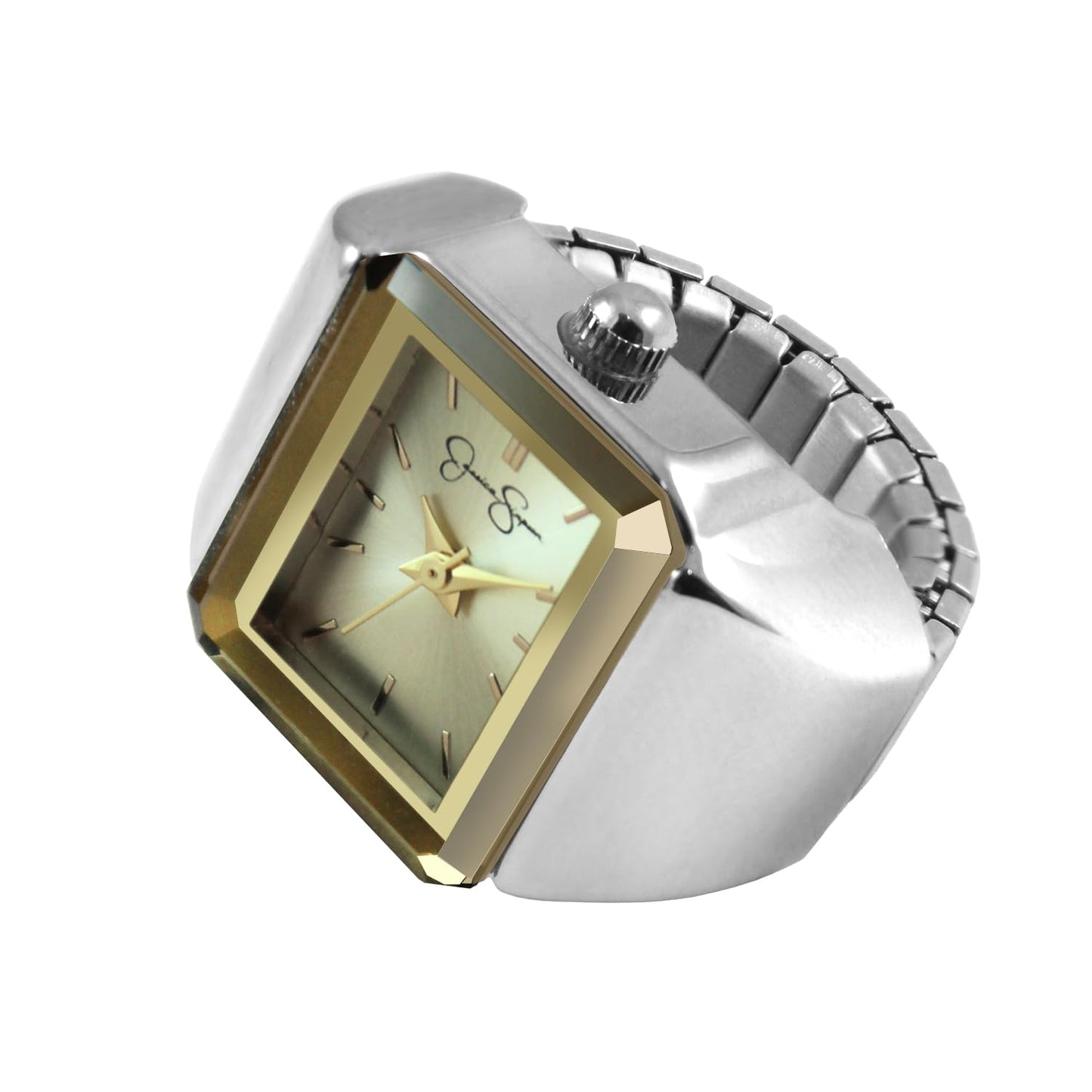 Jessica Simpson Women's Gold Ring Watch – Rectangular Black Sunray Dial, Crystal Accents, Stretch Expansion Band, Quartz Analog Fashion Accessory