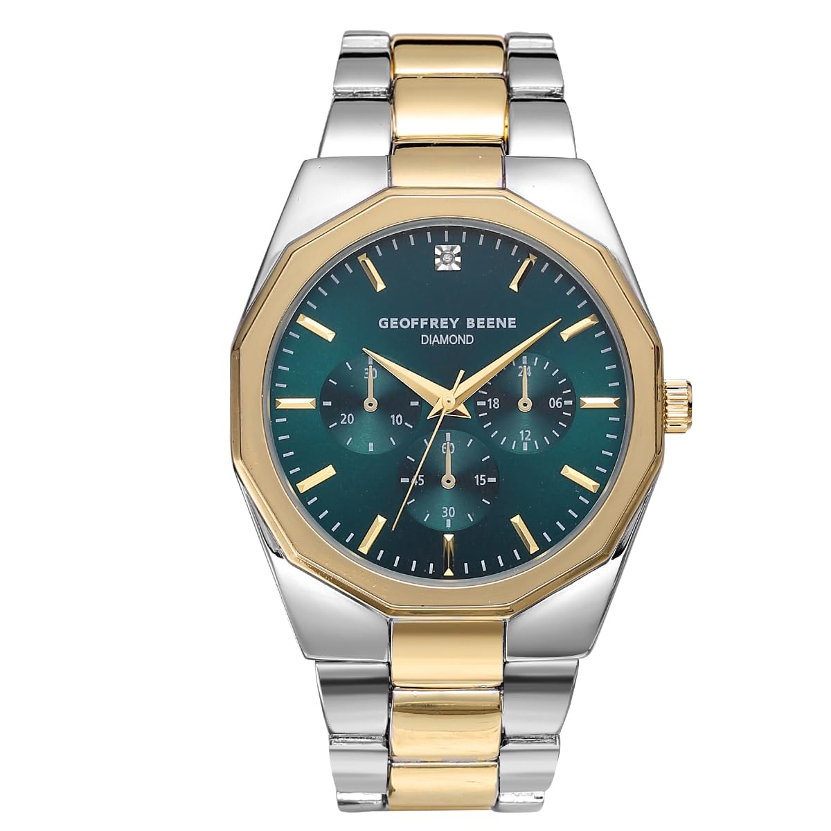 Geoffrey Beene Men’s Round Two Tone Watch 43mm Green Sunray Dial Bracelet Diamond Accent